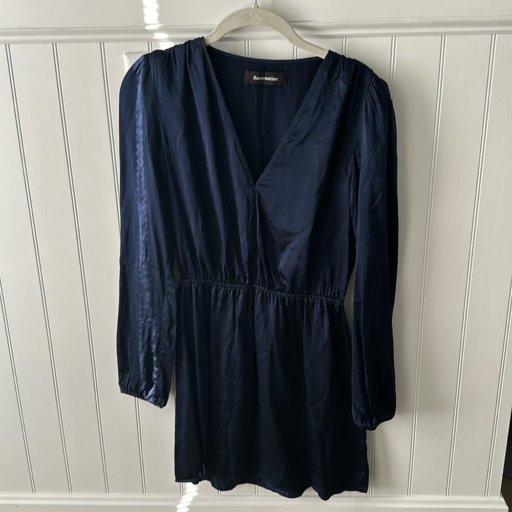 Reformation navy silk long sleeve dress v-neck